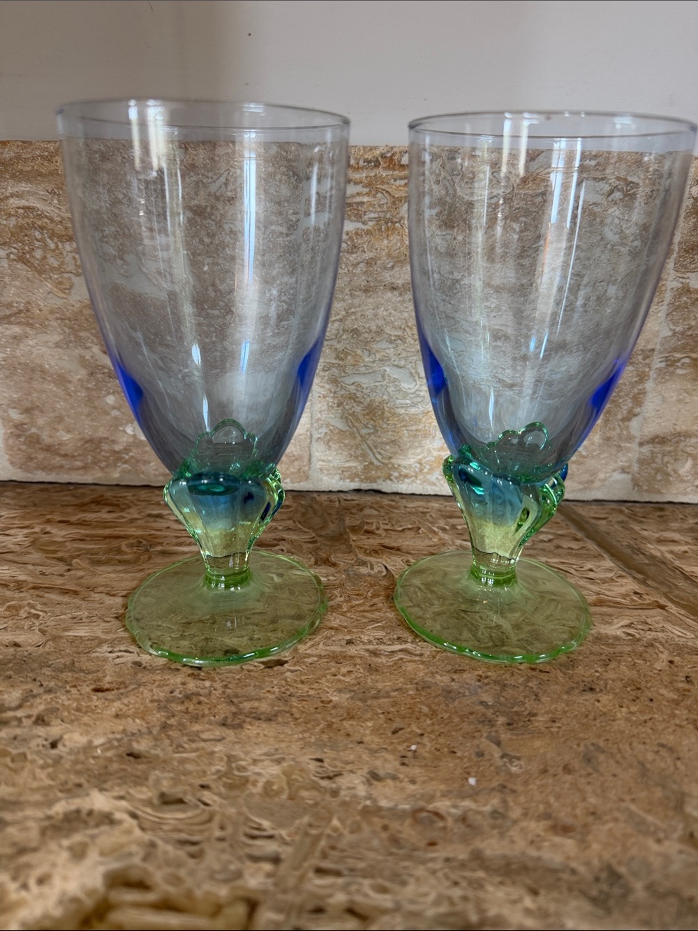 Bormioli Italian Handcrafted Green and Blue Water / Tea Goblets, Set of 2